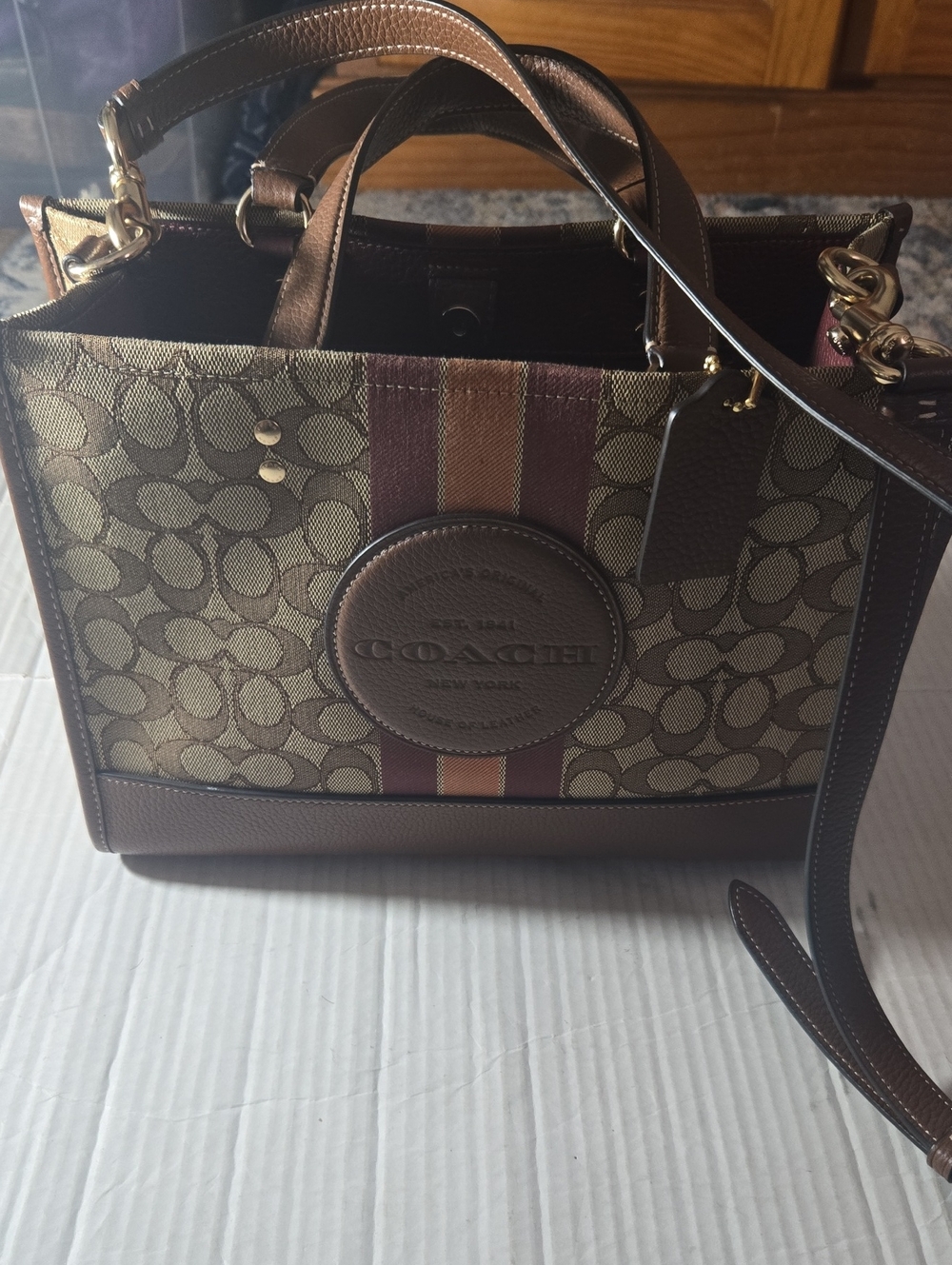 Coach  Dempsey Brown Signature Canvas Satchel with Burgundy and Tan Stripe